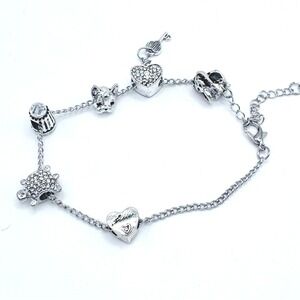 European Charm Bracelet French Bulldog Turtle Heart CZ‎ Animal Lover Silver Tone
